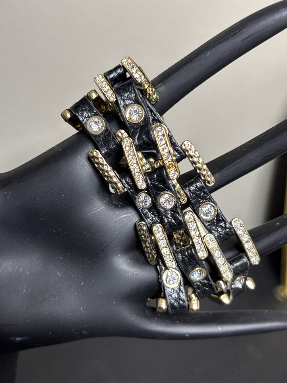 Gold & Black Leather Crystal-Accented Wrap Bracelet